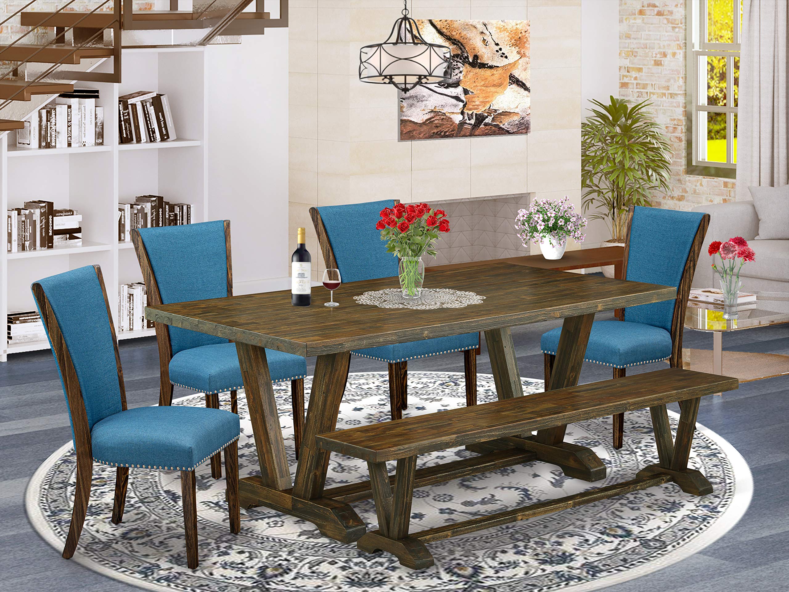 East West Furniture V777VE721-6 V-Style 6 Piece Set Contains a Rectangle Dining Room Table with V-Legs and 4 Blue Color Linen Fabric Parson Chairs with a Bench, 40x72 Inch